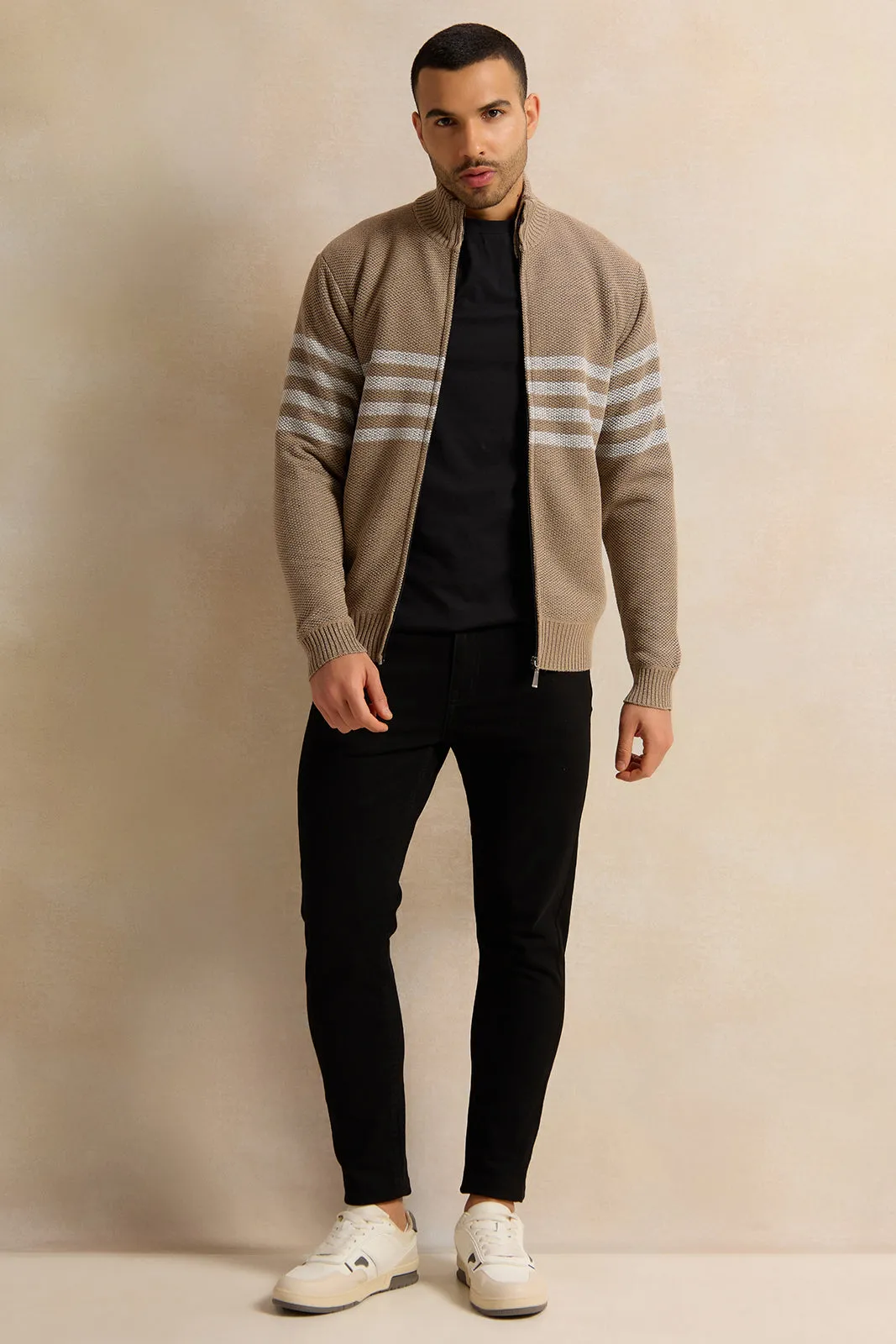 Men Beige Knitted Pullover