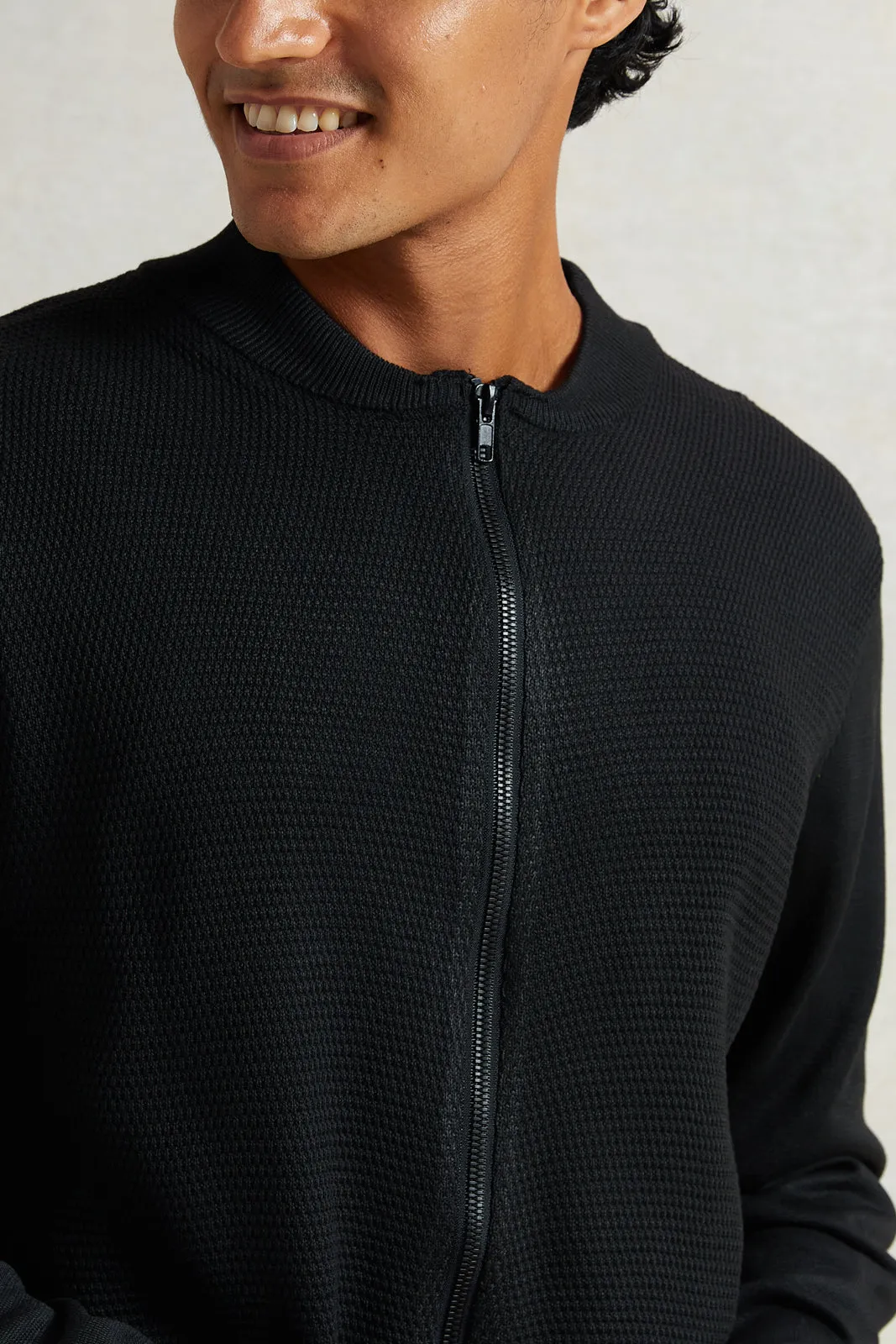 Men Black Solid Zipper Sweater