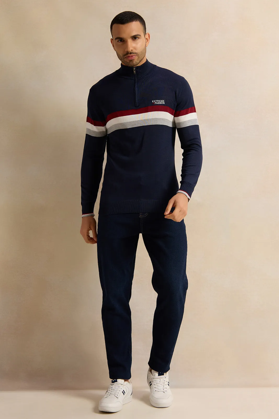 Men Navy Striped Sweater