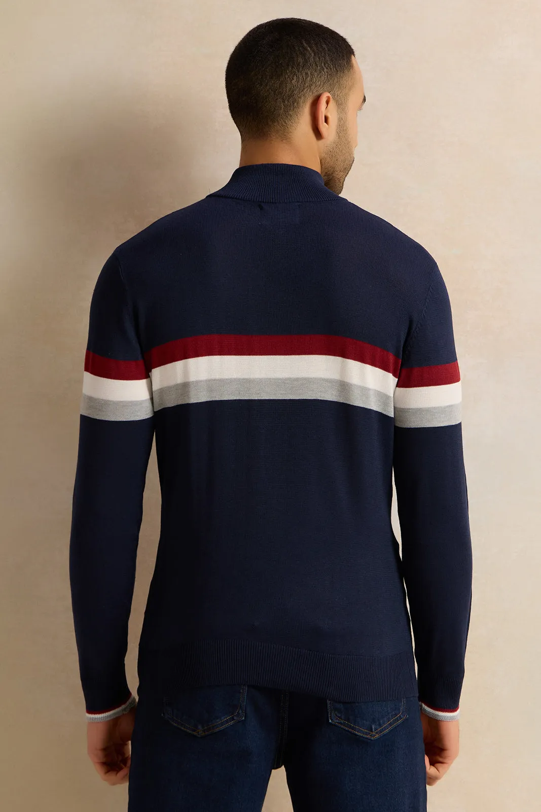 Men Navy Striped Sweater