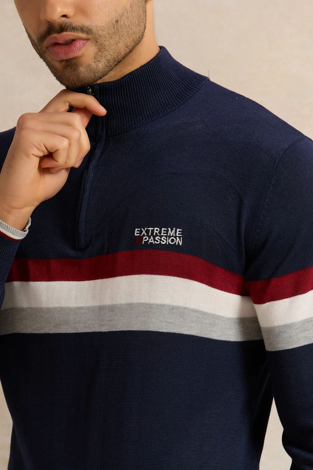 Men Navy Striped Sweater