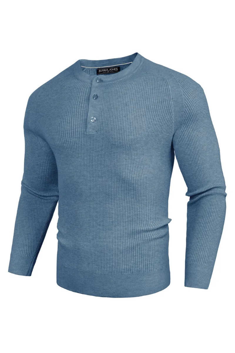 Men Waffle Textured Sweater Long Raglan Sleeve Henley Neck Knitwear Tops