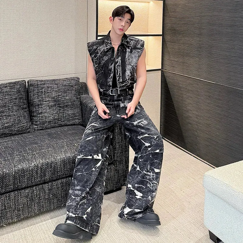 Men's 2-Piece Black Camo Denim Vest and Jeans Set