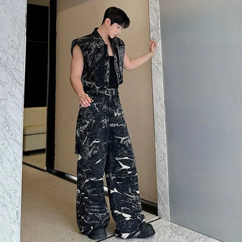 Men's 2-Piece Black Camo Denim Vest and Jeans Set