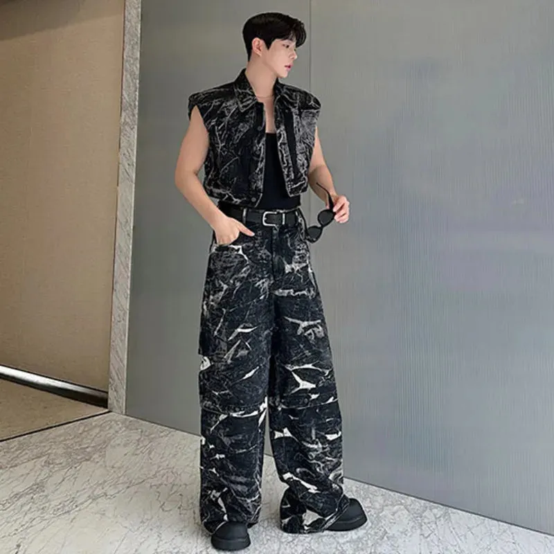 Men's 2-Piece Black Camo Denim Vest and Jeans Set