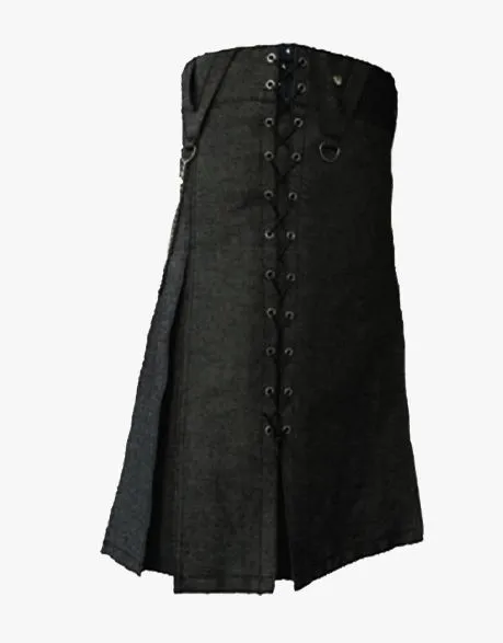 Men's Black Denim Kilt with Laces Style