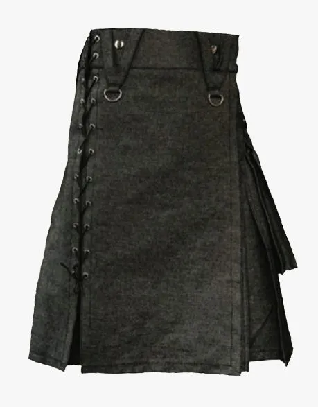 Men's Black Denim Kilt with Laces Style