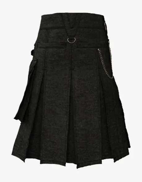 Men's Black Denim Kilt with Laces Style