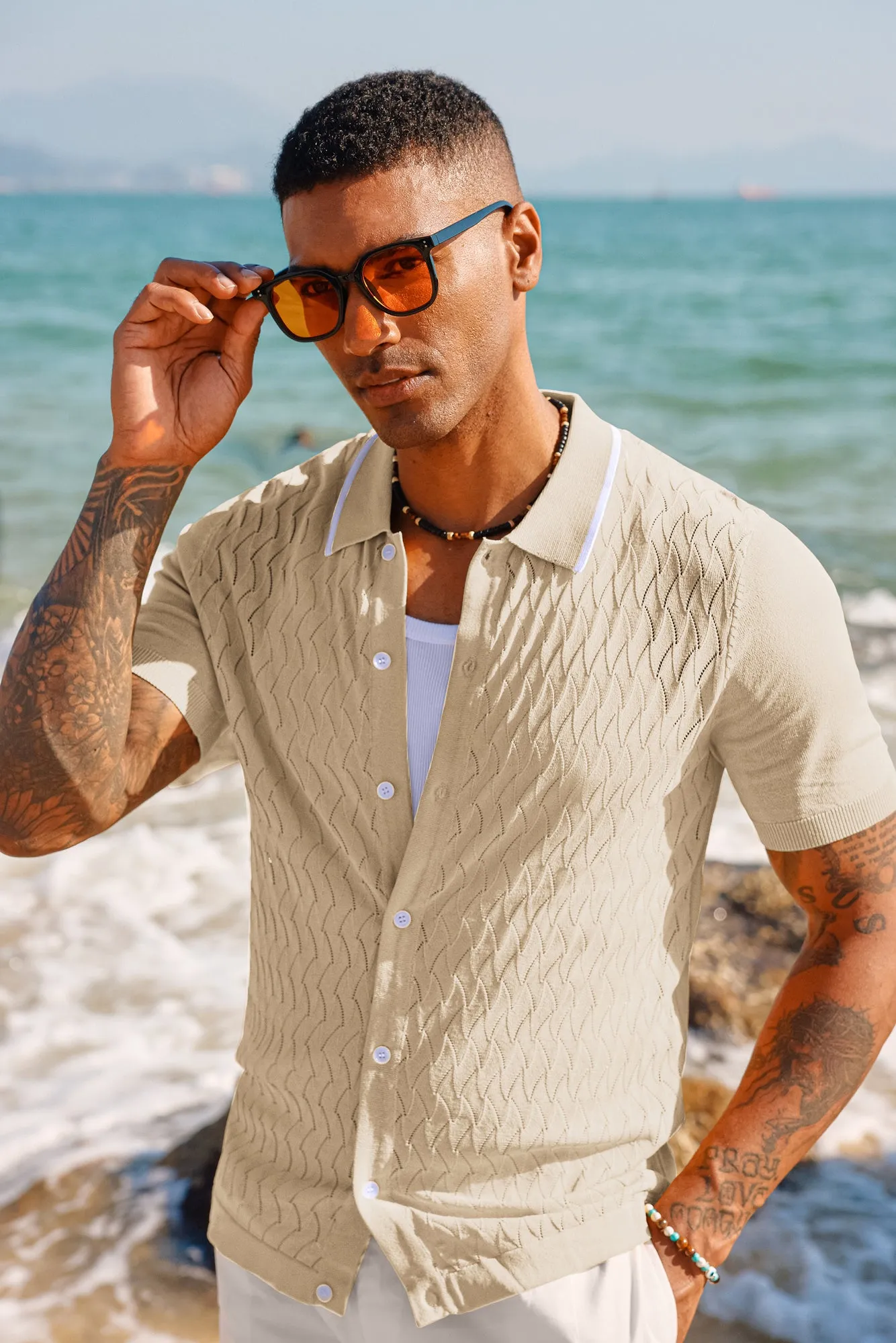 Men's Knit Button Down Short Cardigan Shirts Vintage Polo Shirts Casual Beach Shirts