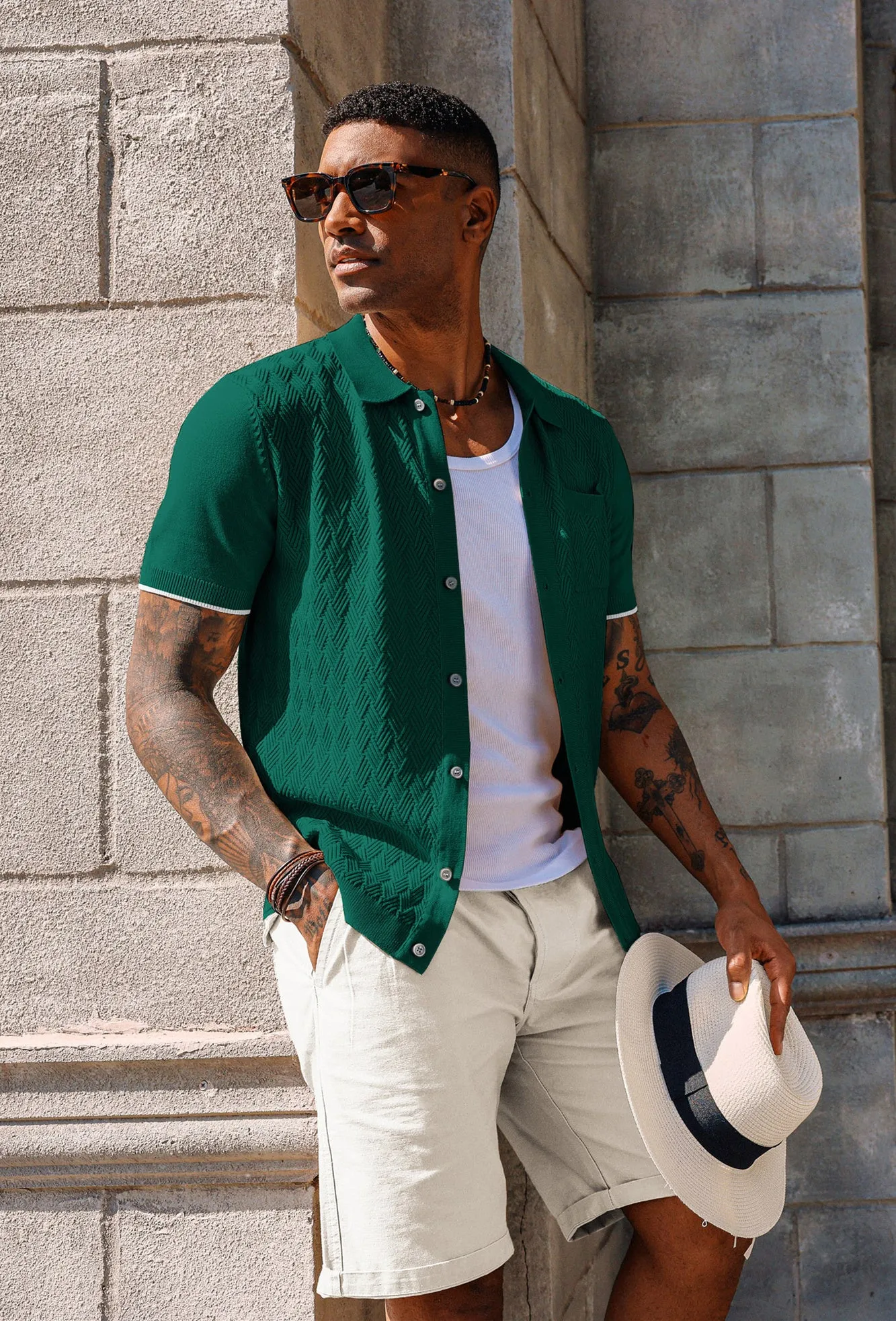 Men's Polo Cardigan Shirt Short Sleeve Textured Button Down Knit Polo Shirts