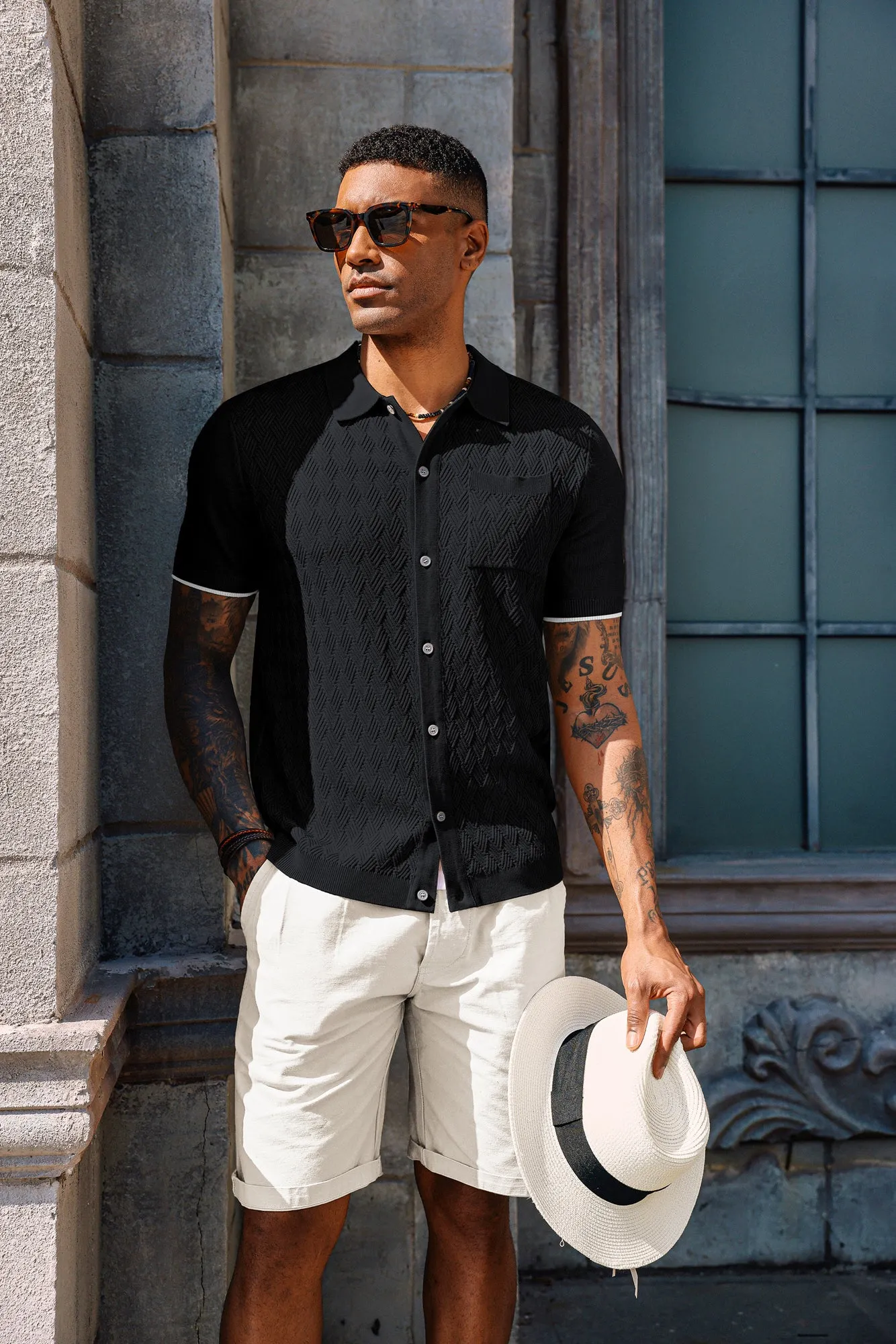 Men's Polo Cardigan Shirt Short Sleeve Textured Button Down Knit Polo Shirts