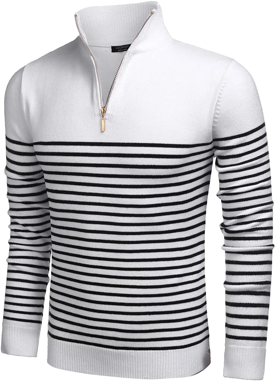 Men's Red Striped Zip Up Mock Neck Polo Slim Fit Sweater