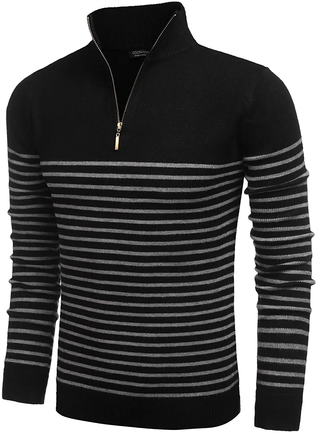 Men's Red Striped Zip Up Mock Neck Polo Slim Fit Sweater