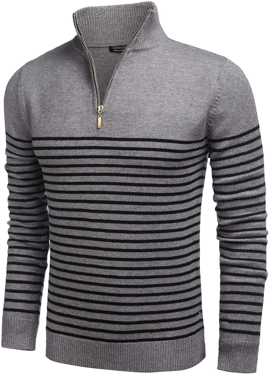 Men's Red Striped Zip Up Mock Neck Polo Slim Fit Sweater