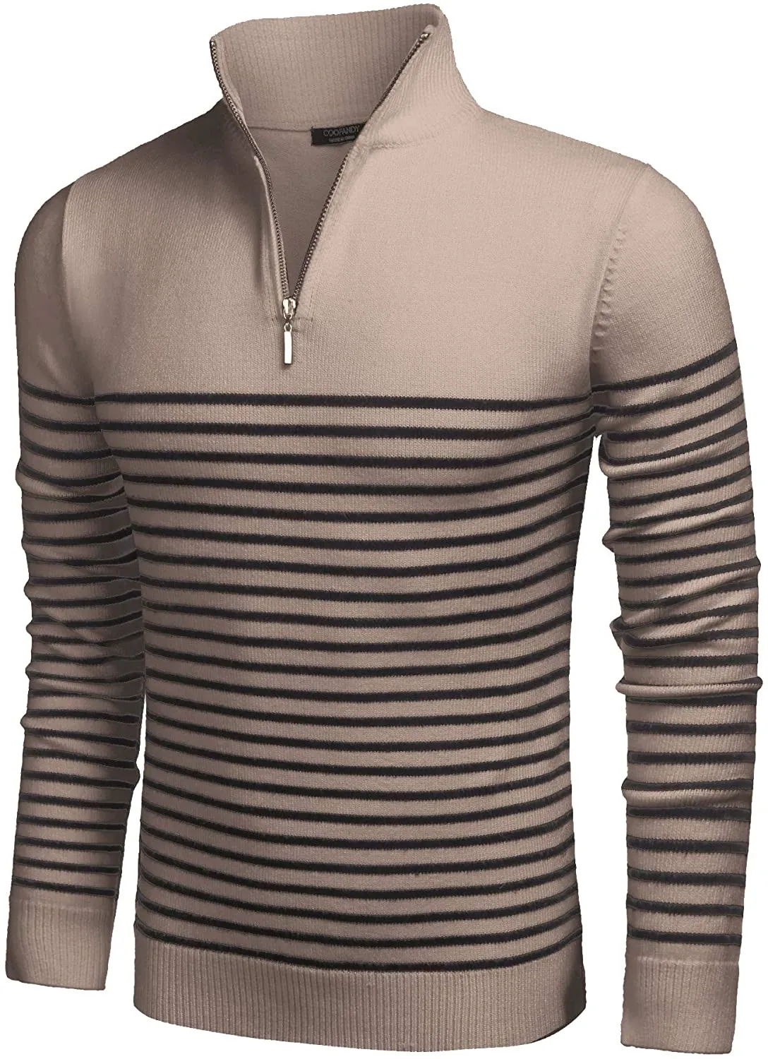 Men's Red Striped Zip Up Mock Neck Polo Slim Fit Sweater