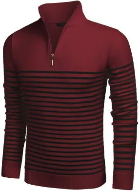 Men's Red Striped Zip Up Mock Neck Polo Slim Fit Sweater