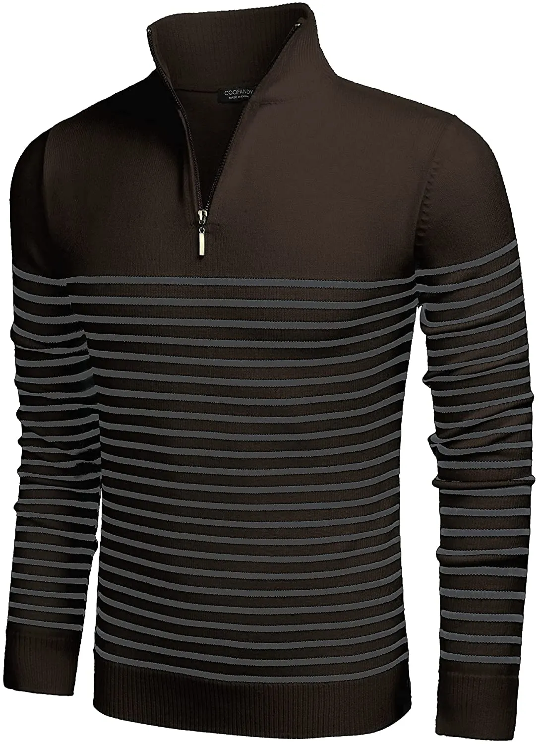 Men's Red Striped Zip Up Mock Neck Polo Slim Fit Sweater