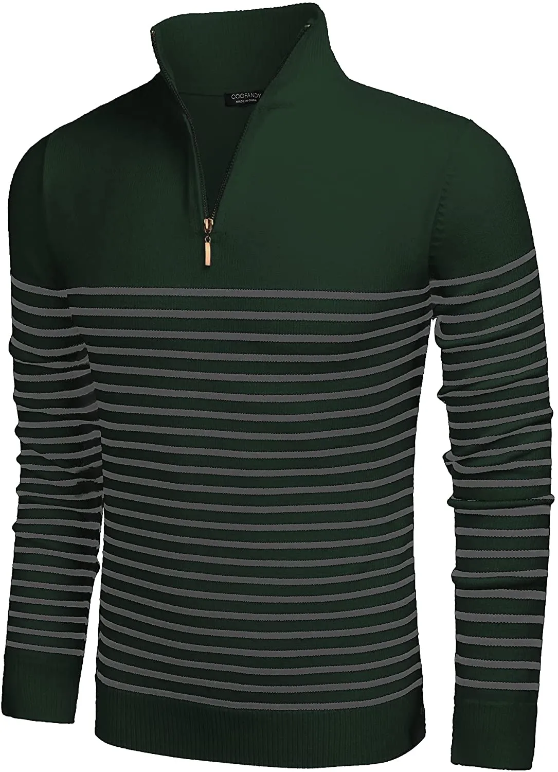 Men's Red Striped Zip Up Mock Neck Polo Slim Fit Sweater