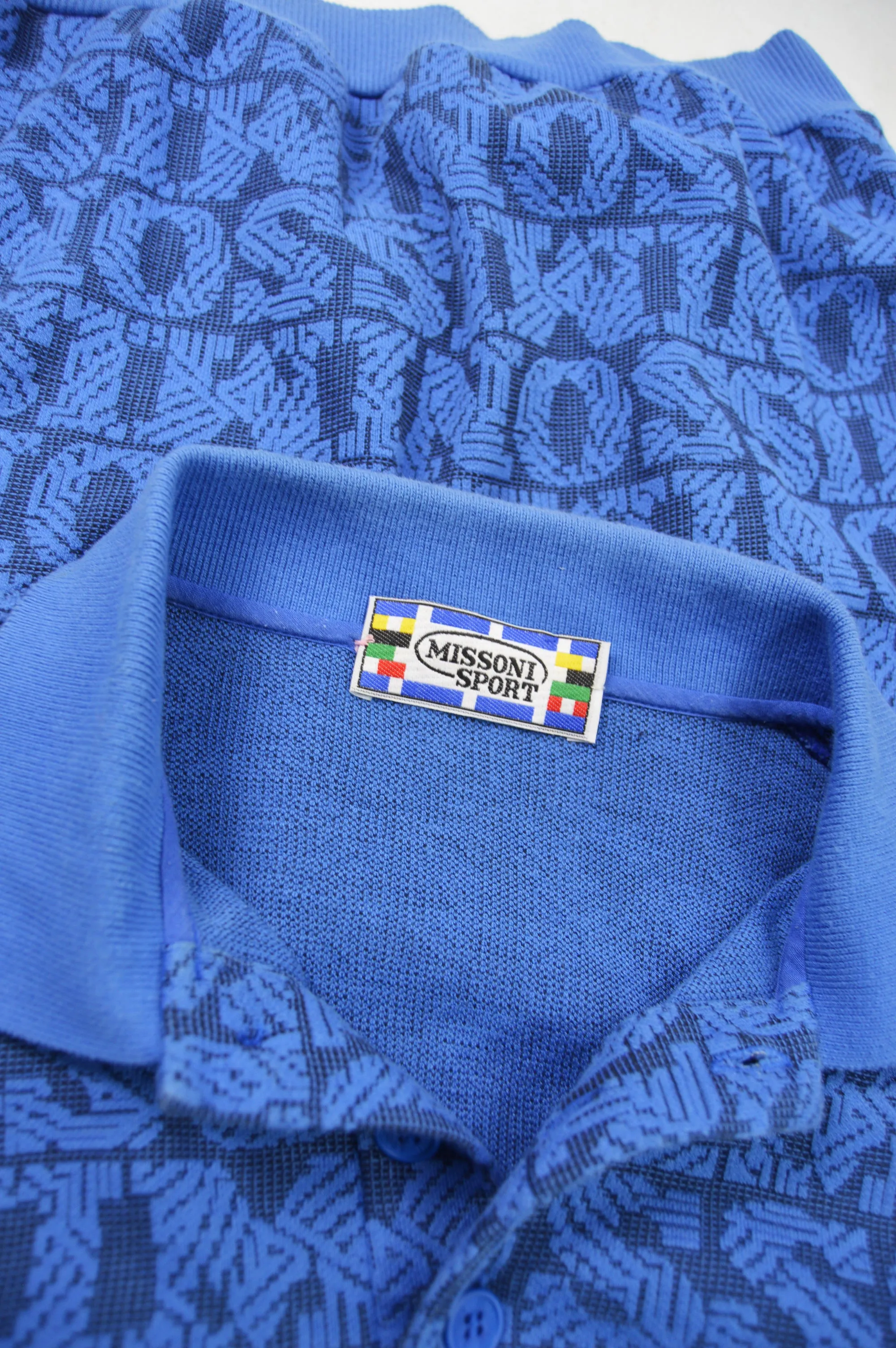 Mens Vintage Blue Spellout Knit Polo Shirt, 1980s