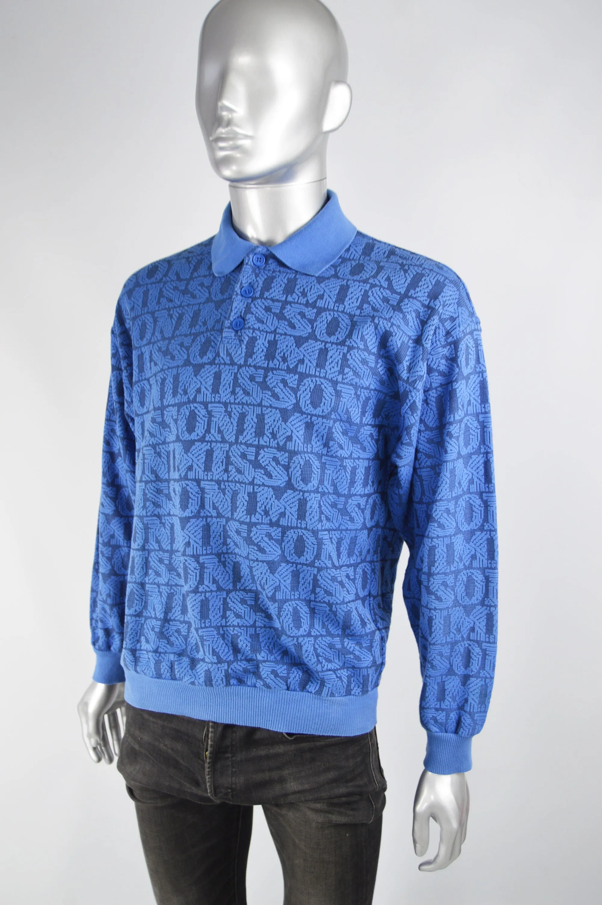 Mens Vintage Blue Spellout Knit Polo Shirt, 1980s