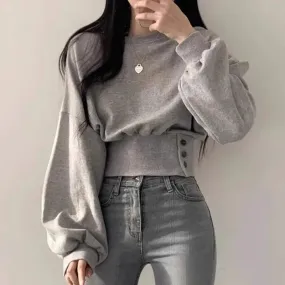 METAVERSMALL Korean chic autumn niche design sense round neck waist top slim long sleeve short pullover solid color sweater women