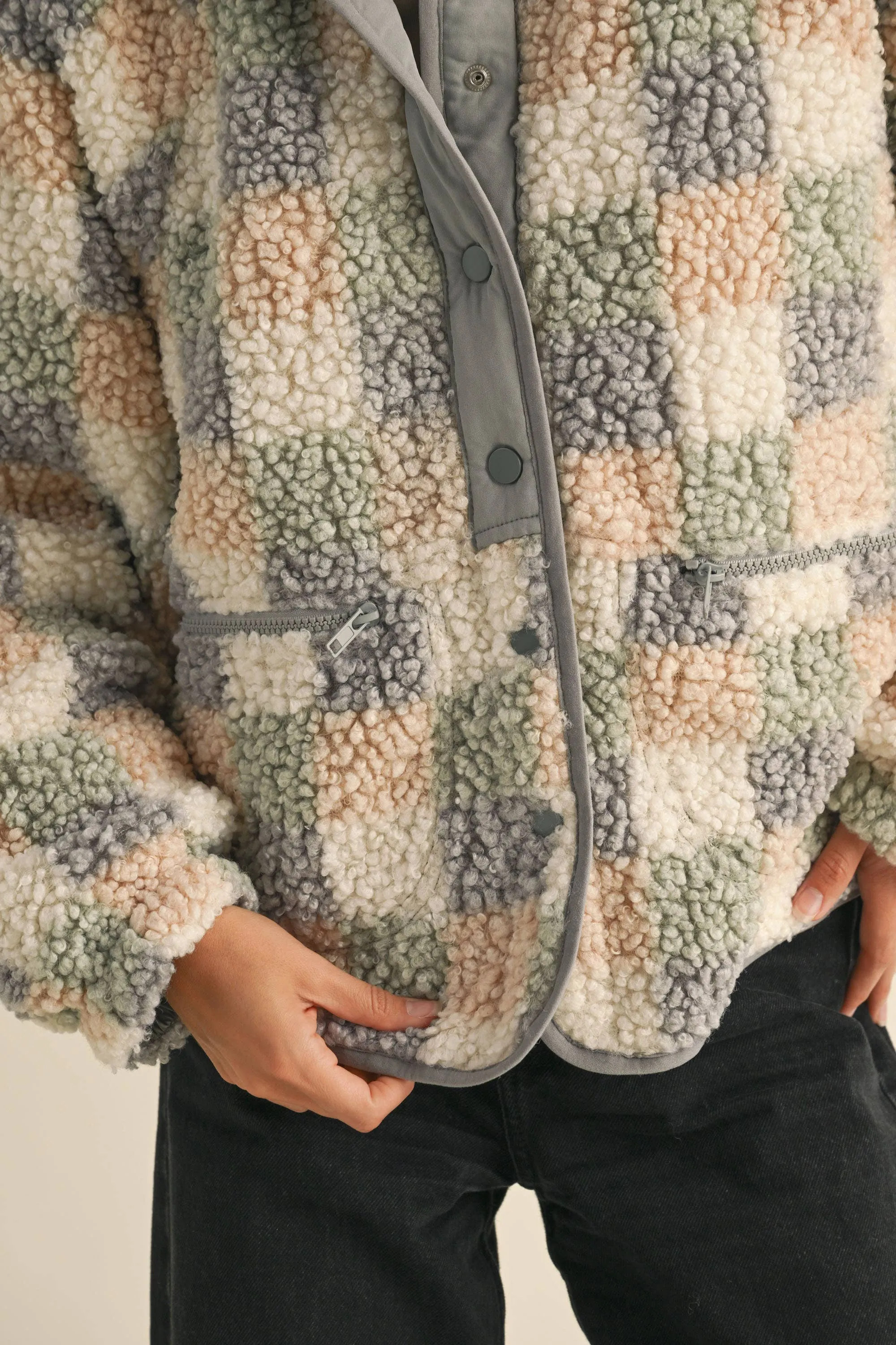 MULTI COLOR GRID PATTERN SHERPA JACKET