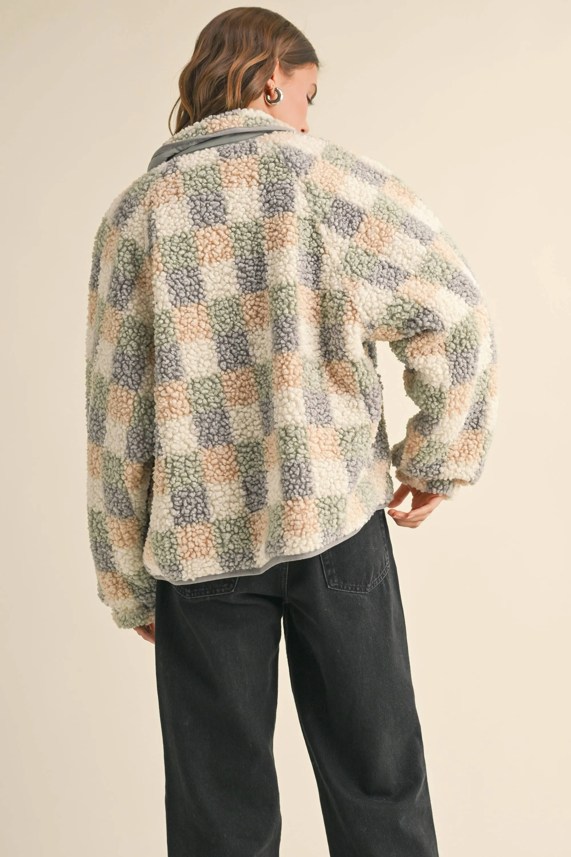 MULTI COLOR GRID PATTERN SHERPA JACKET