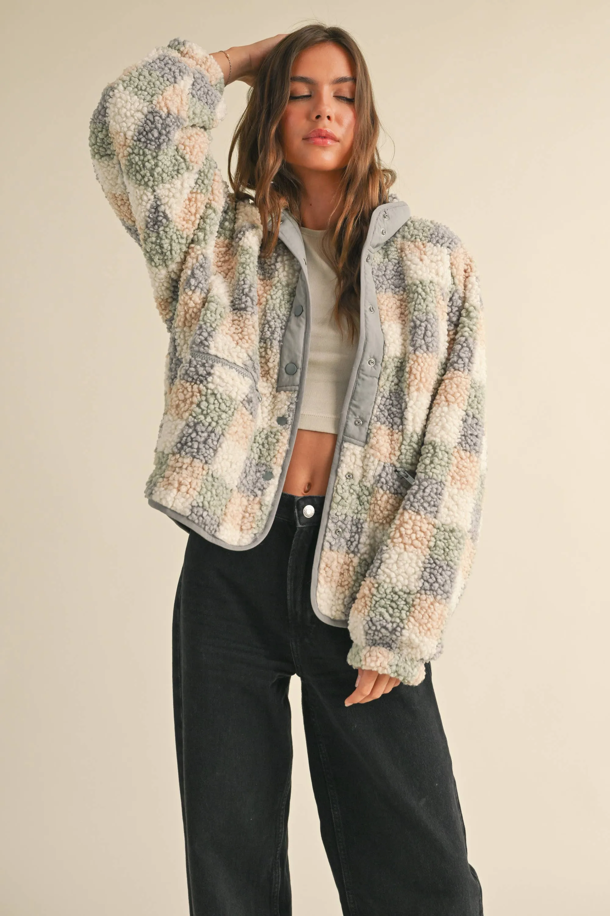 MULTI COLOR GRID PATTERN SHERPA JACKET