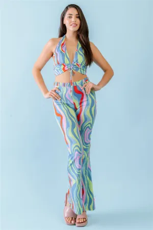 Multicolor Abstract Print Halter V-neck Ruched Open Back Crop Top & High Waist Pants Set - Ships from The US