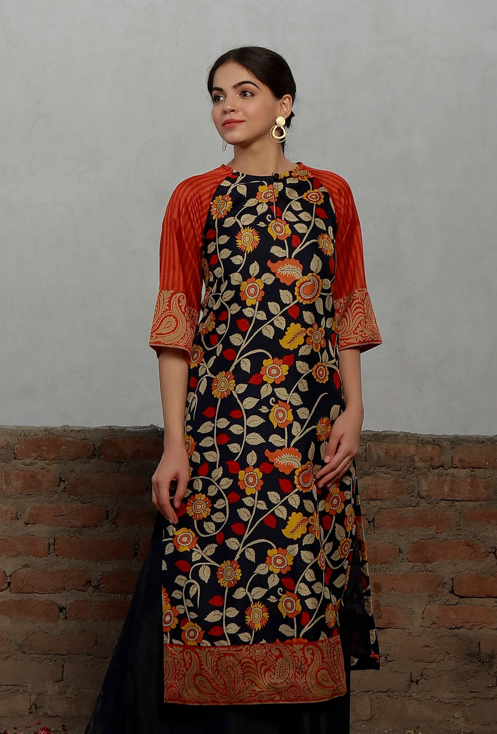 Navy-Orange Kalamkari Printed Cotton Silk Straight Kurta