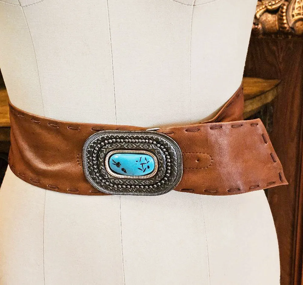 NEW NEVER WORN - FAUX LEATHER BUCKSKIN COLOR SOUTHWEST BELT WITH LARGE FAUX TURQUOISE IN DARK NICKLE LOOK BUCKLE