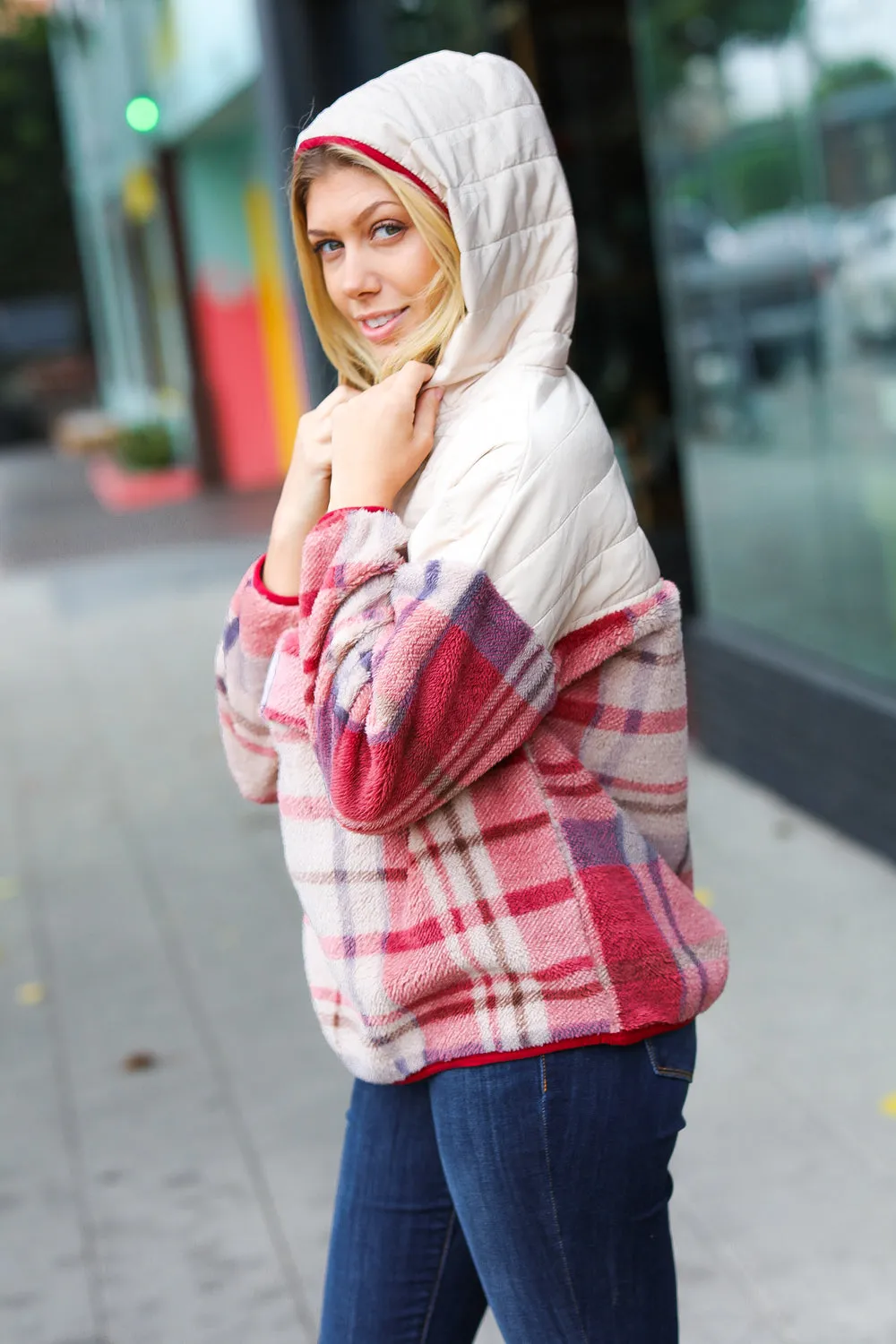 Oatmeal & Garnet Plaid Half Zip Puffer Hoodie