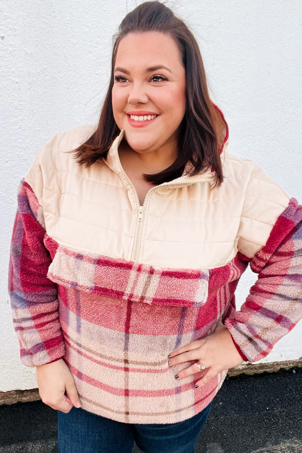 Oatmeal & Garnet Plaid Half Zip Puffer Hoodie