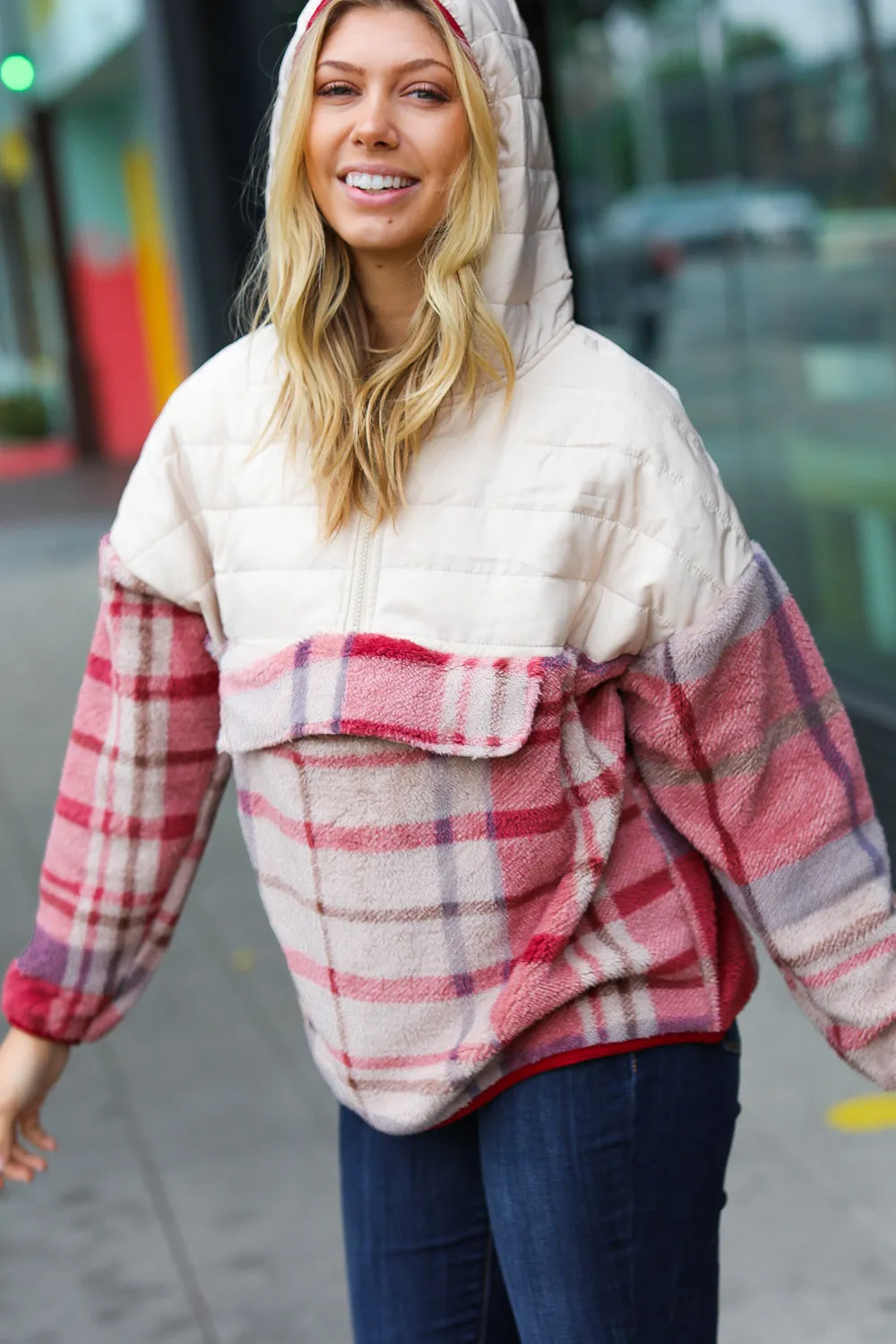 Oatmeal & Garnet Plaid Half Zip Puffer Hoodie