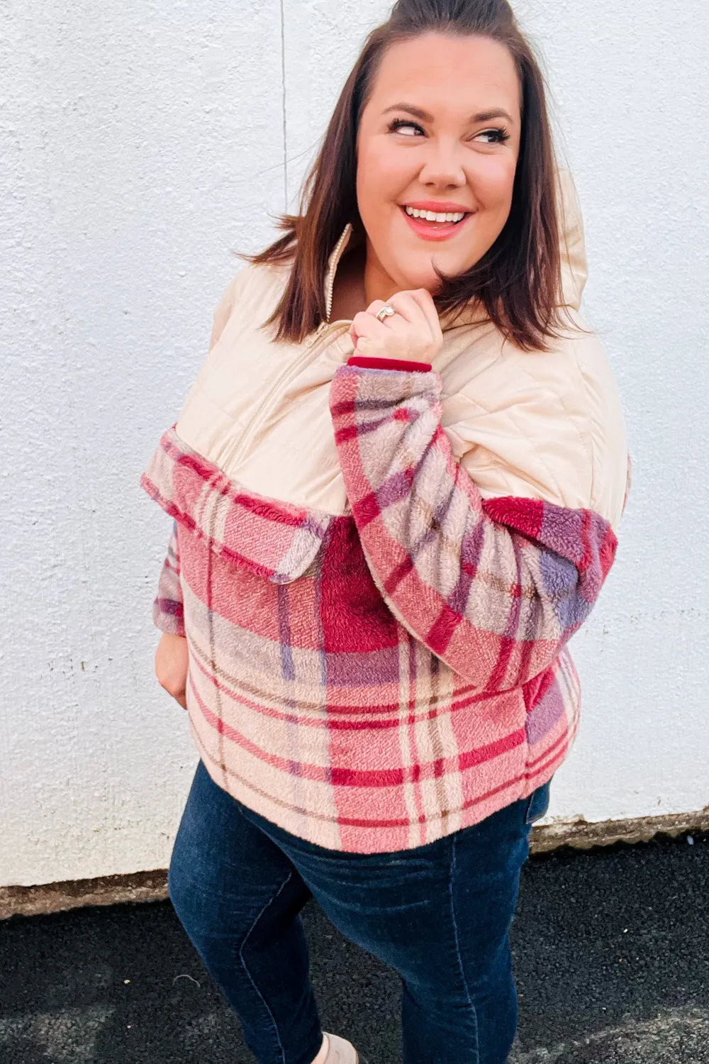 Oatmeal & Garnet Plaid Half Zip Puffer Hoodie