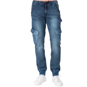 Ocean Blue Washed Premium Knit Denim Cargo Jogger Jeans Angled Side Cargo Pockets