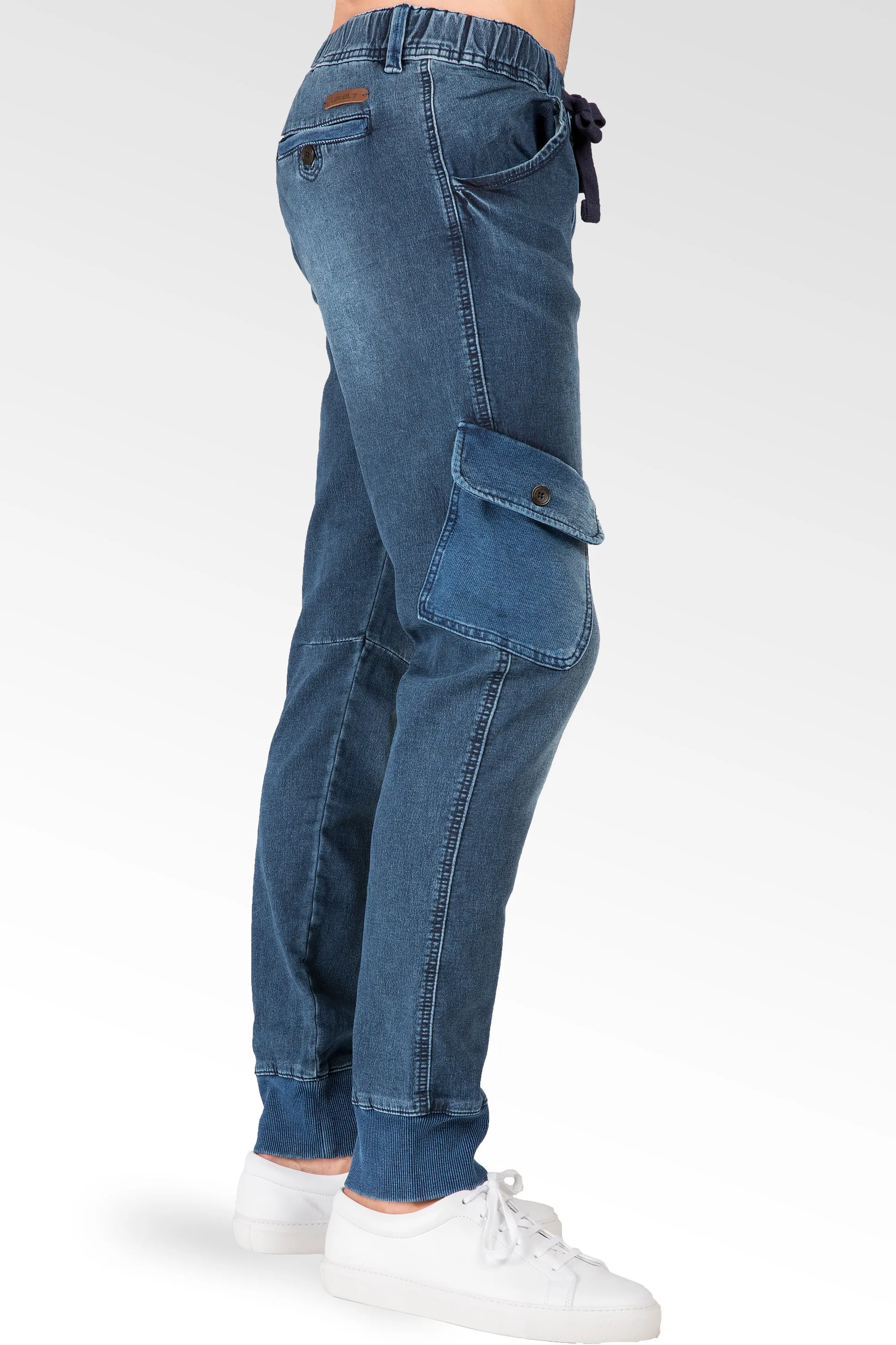 Ocean Blue Washed Premium Knit Denim Cargo Jogger Jeans Angled Side Cargo Pockets