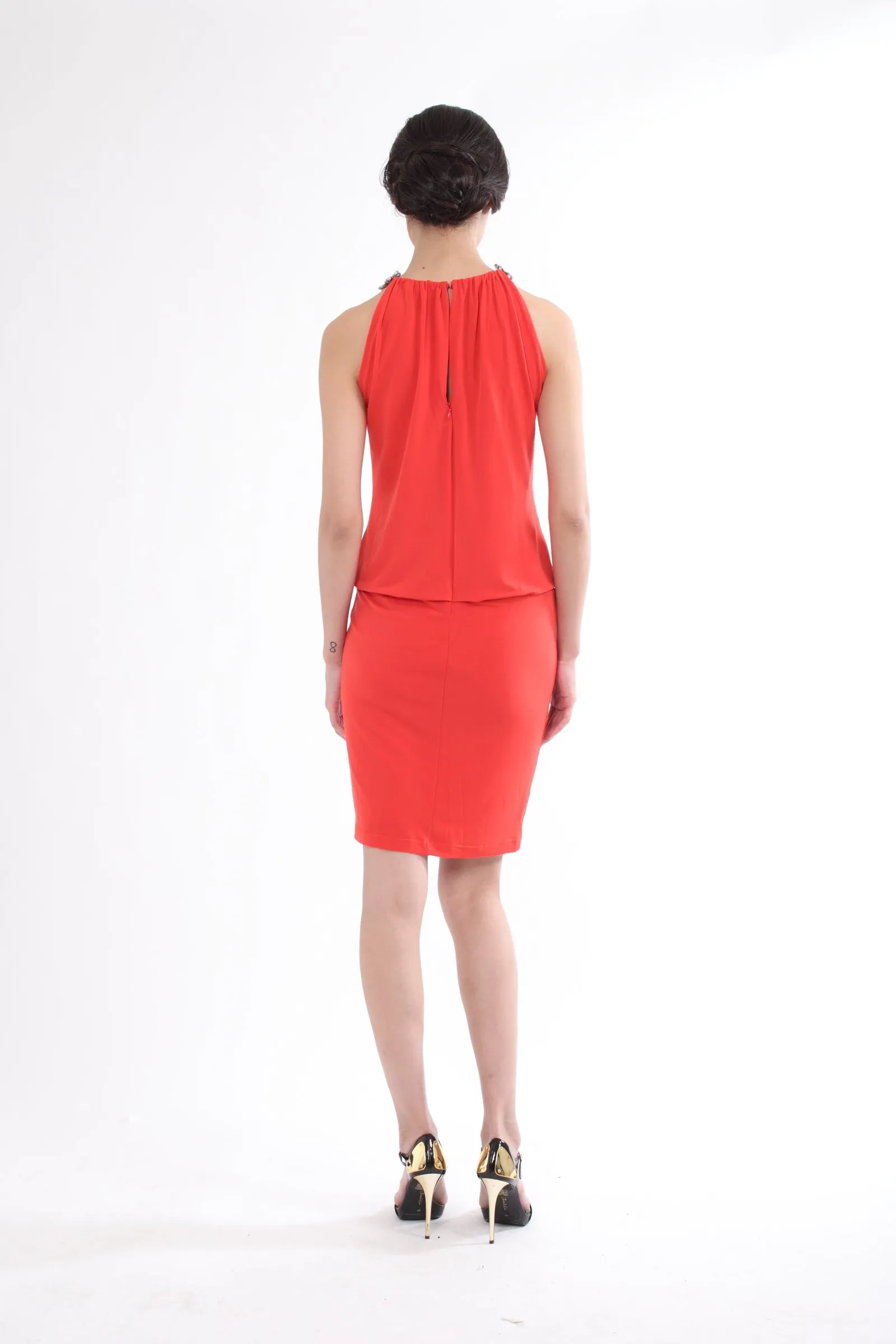 ORANGE SLEEVELESS RAGLAN DRESS WITH CHINESE FLORAL KNOTS ON NECKLINE