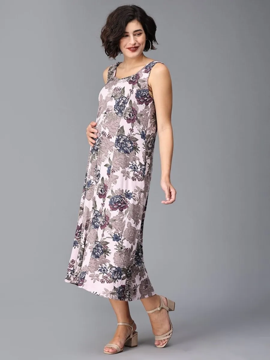 Pink Hibis-Kiss Maternity And Nursing Dress