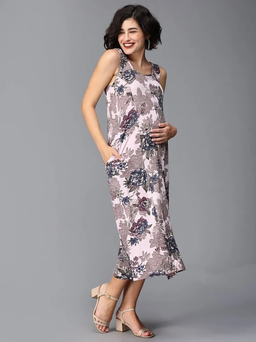 Pink Hibis-Kiss Maternity And Nursing Dress