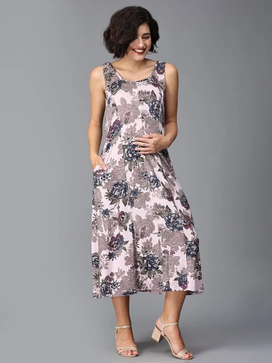 Pink Hibis-Kiss Maternity And Nursing Dress