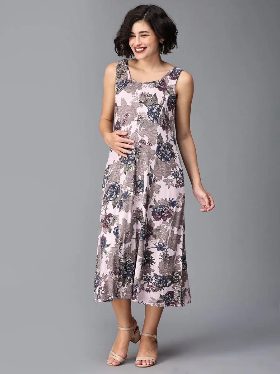 Pink Hibis-Kiss Maternity And Nursing Dress