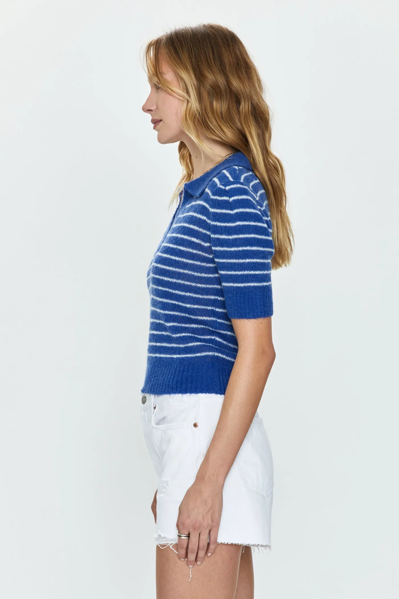 Pistola Billie Pleat Sleeve Polo in Blue White Stripe