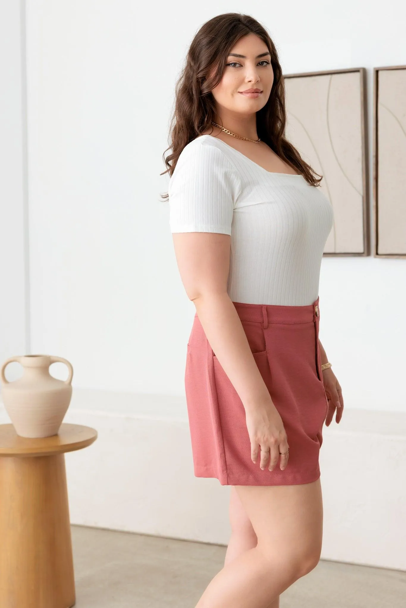 Plus Size Plated High Waist Coral Short