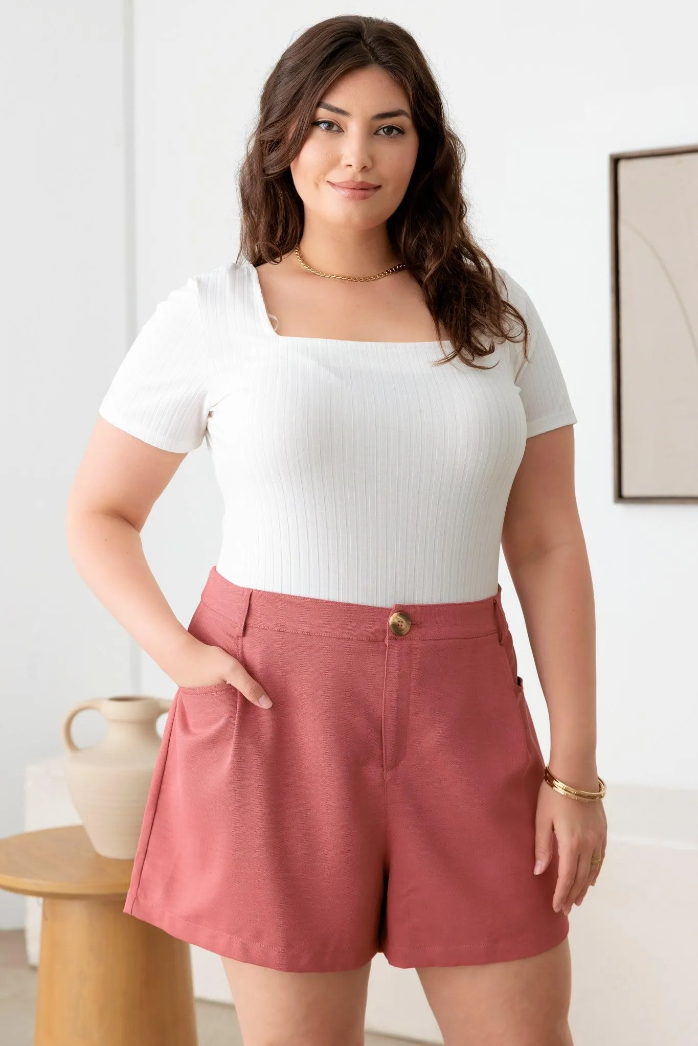 Plus Size Plated High Waist Coral Short