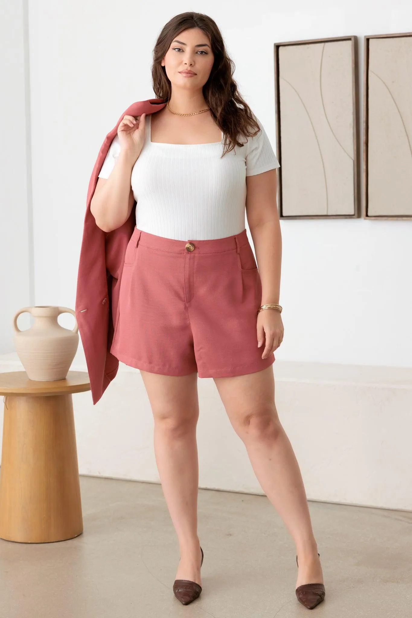 Plus Size Plated High Waist Coral Short