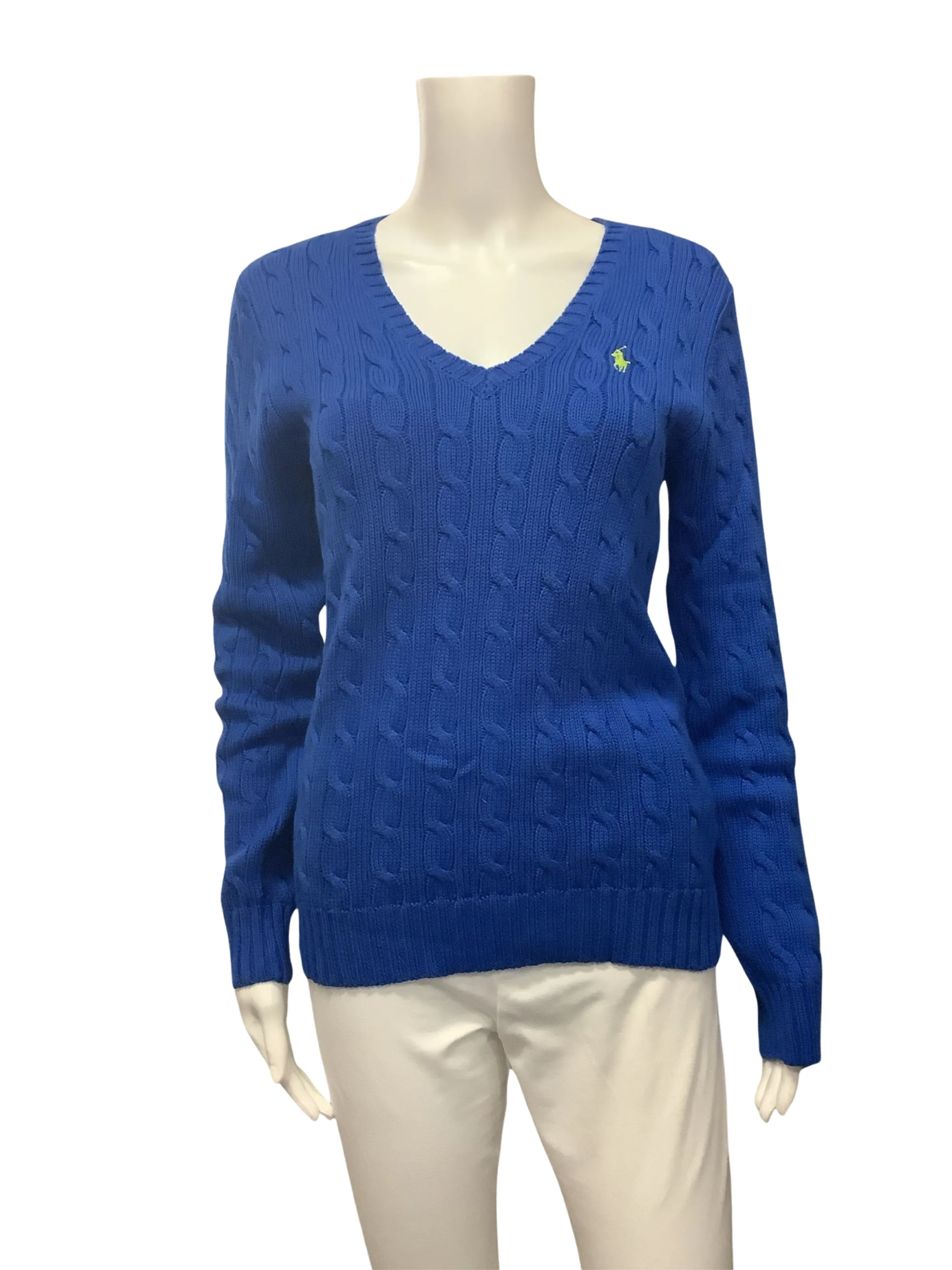 Polo by Ralph Lauren Sweater Blue V Neck Cable Knit Size: M