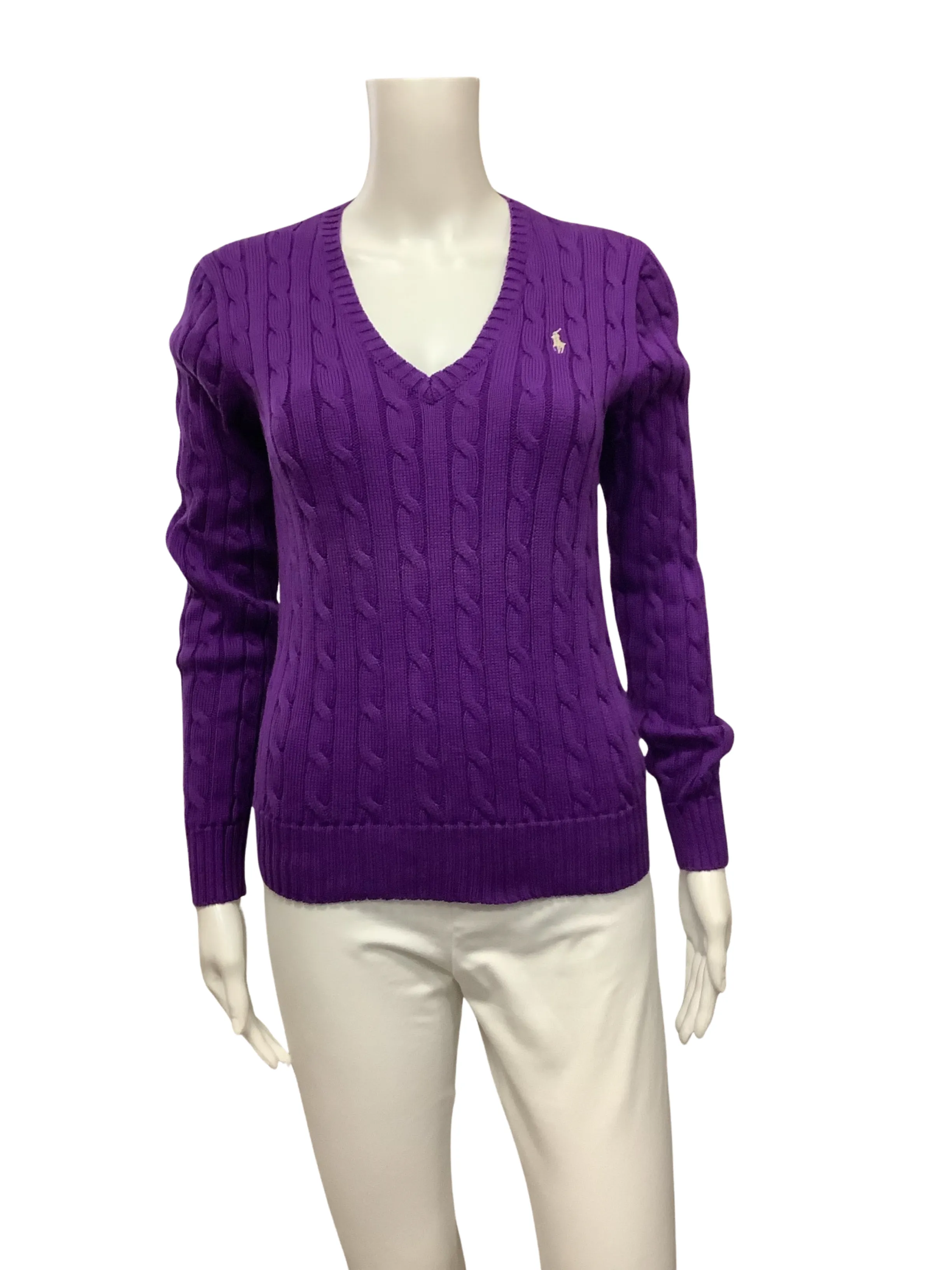 Polo Sweater Purple Cable Knit V Neck Size: M