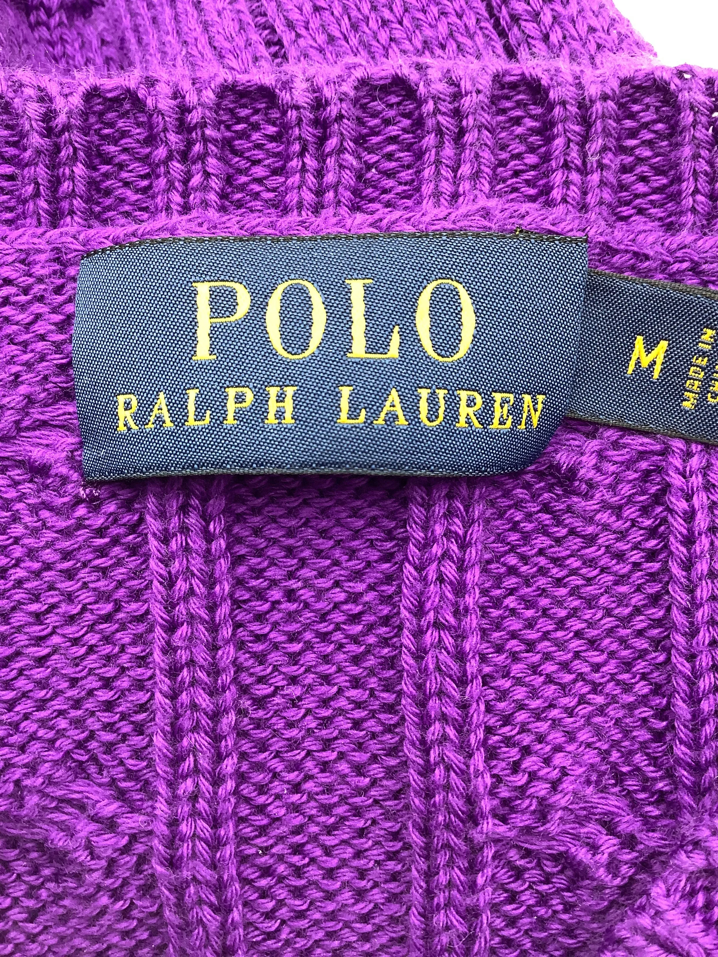 Polo Sweater Purple Cable Knit V Neck Size: M