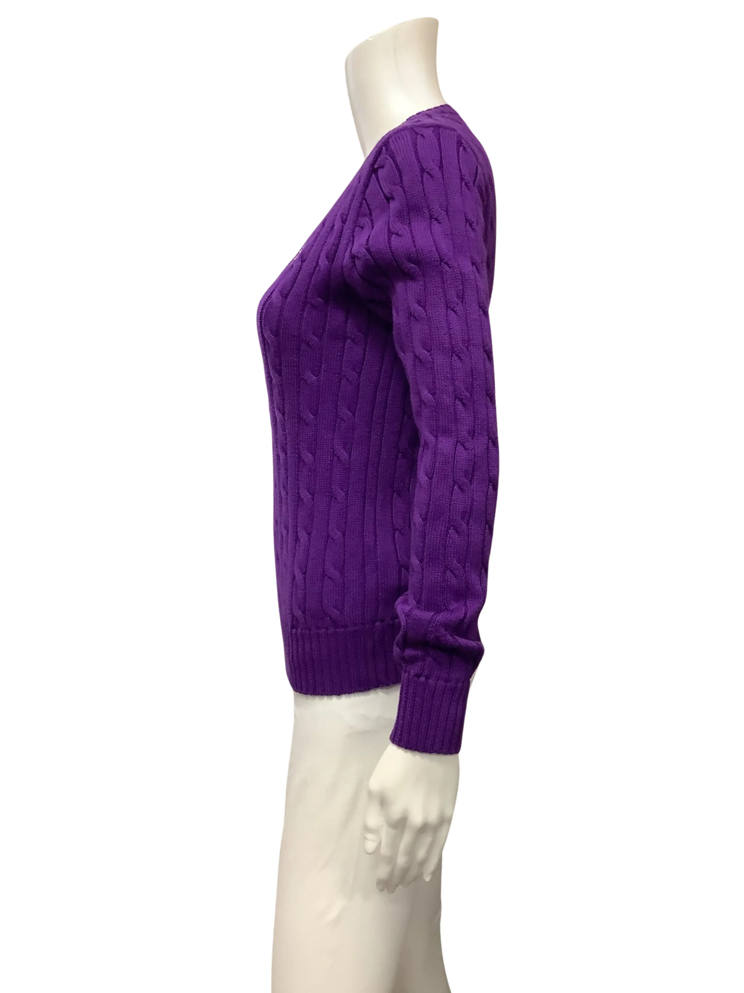 Polo Sweater Purple Cable Knit V Neck Size: M